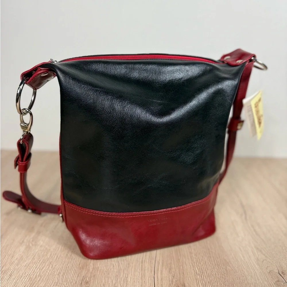 Vera Pelle D&D Black and Red Leather Shoulder Crossbody Bag Made in Italy NWT